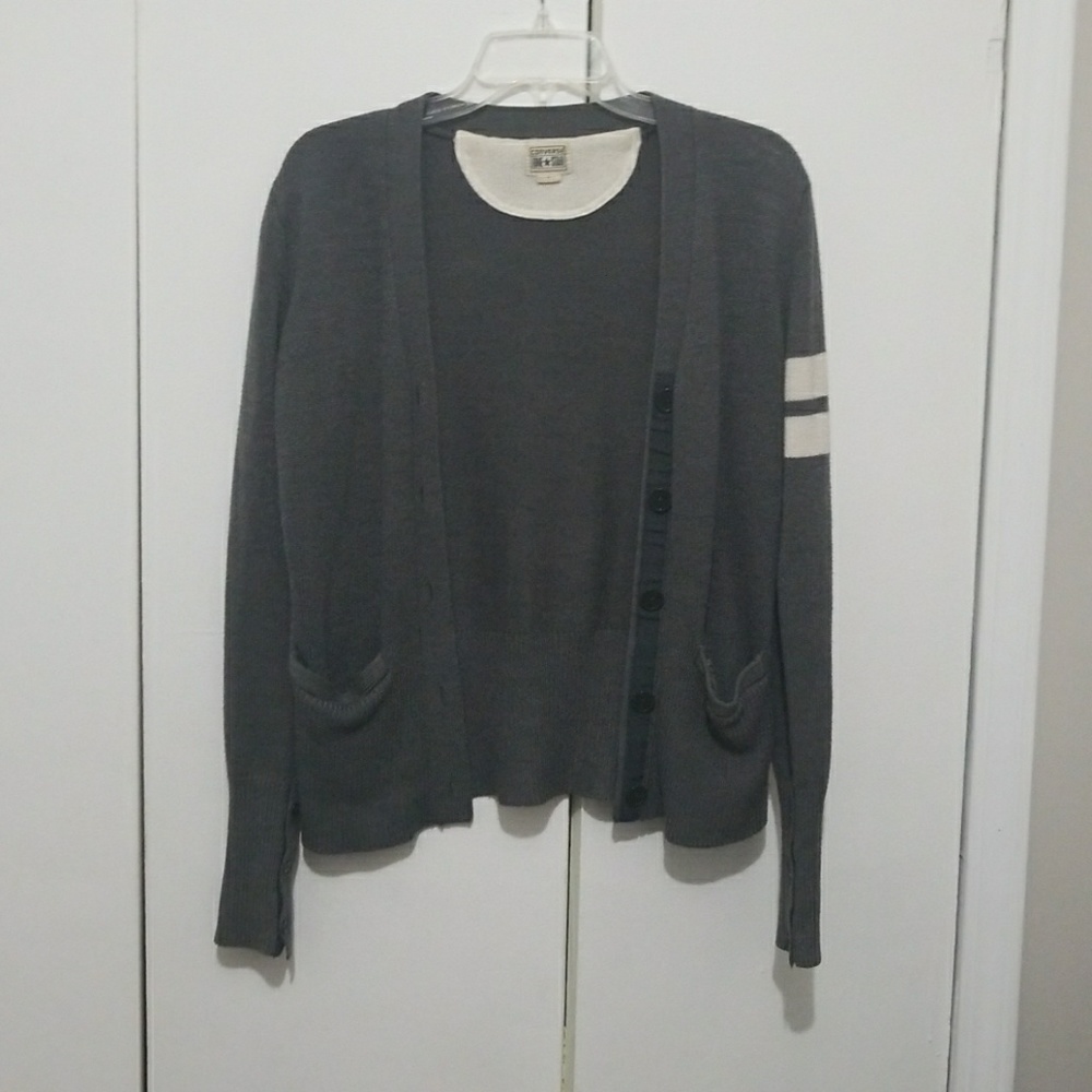 Gray Cardigan with Striped Sleeve